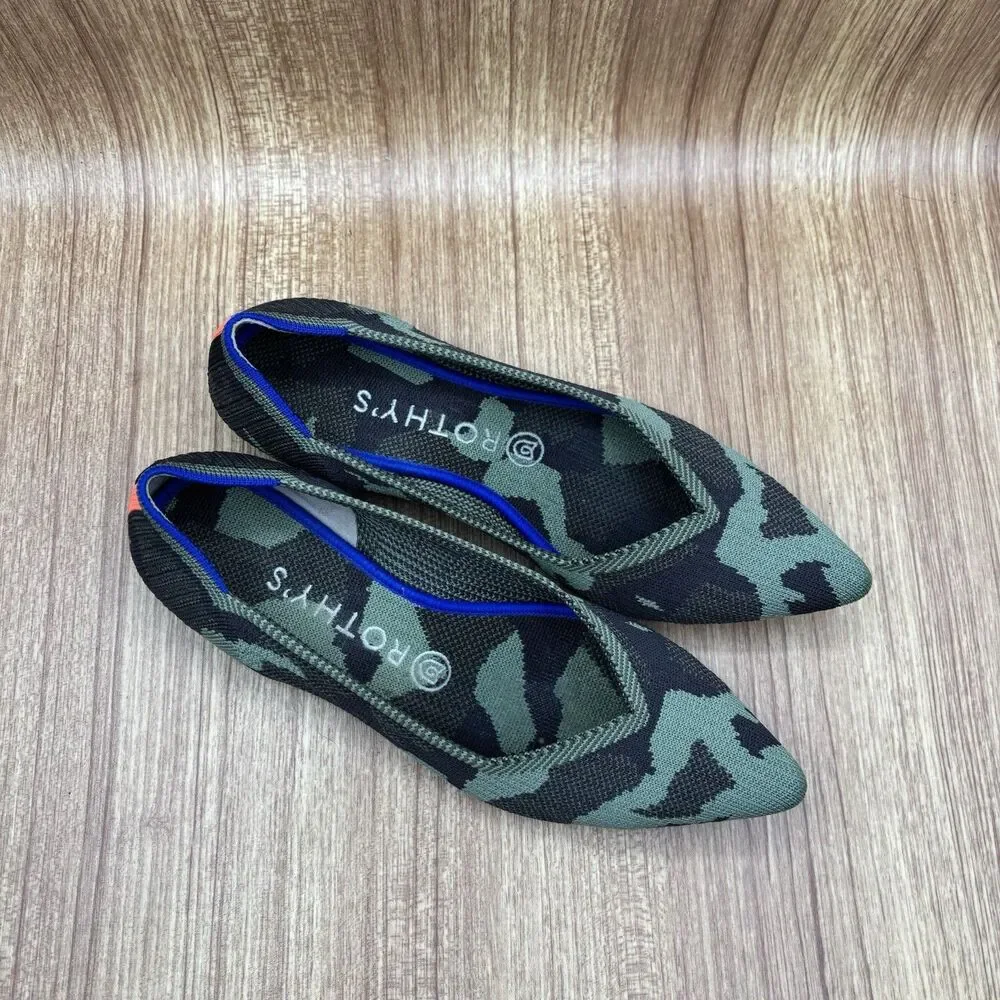 Rothy's The‎ Point Ballet Pointed Flats Womens Size 8.5 Olive Camo Knit Slip On